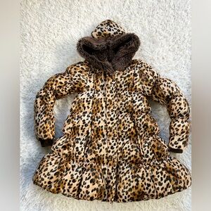 Lands' End Puffer Jacket Brown Leopard‎ Animal Print, Hood Faux Fur Lining Large